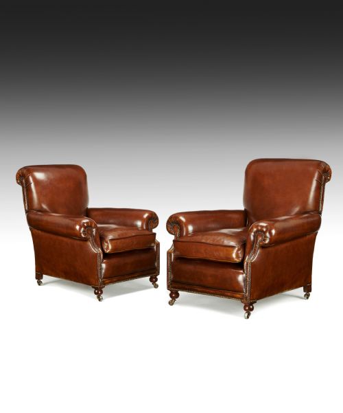 Fine Pair of Victorian Antique Leather Club Chairs
