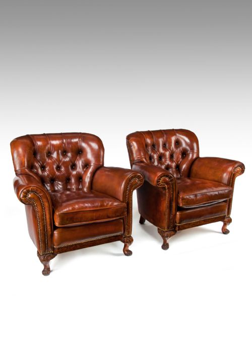 Pair of Antique Shaped Walnut Leather Upholstered Armchairs