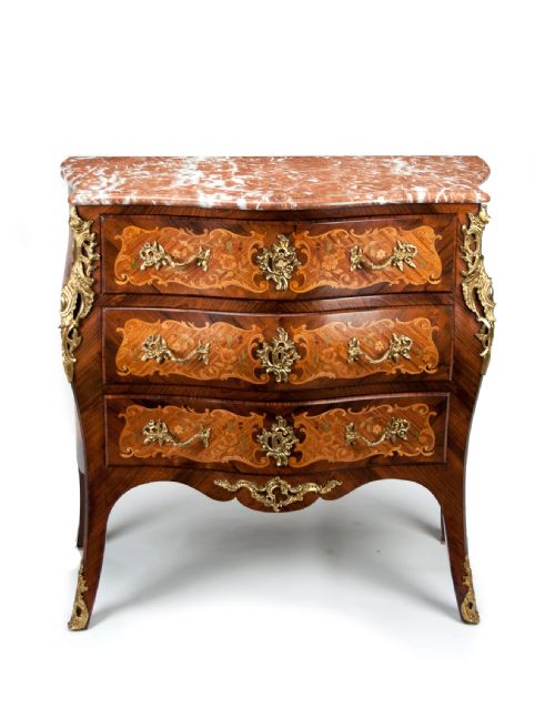 Fine French Louis Xv Style Inlaid Bombe Marble Topped Commode