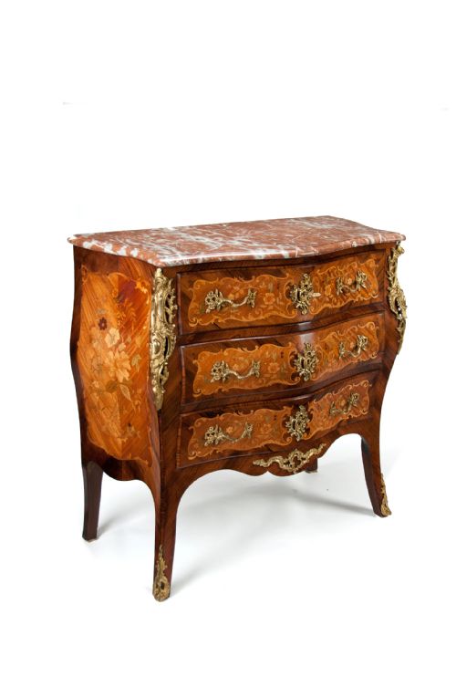 fig 1. Fine French Louis XV Style Inlaid Bombe Marble Topped Commode