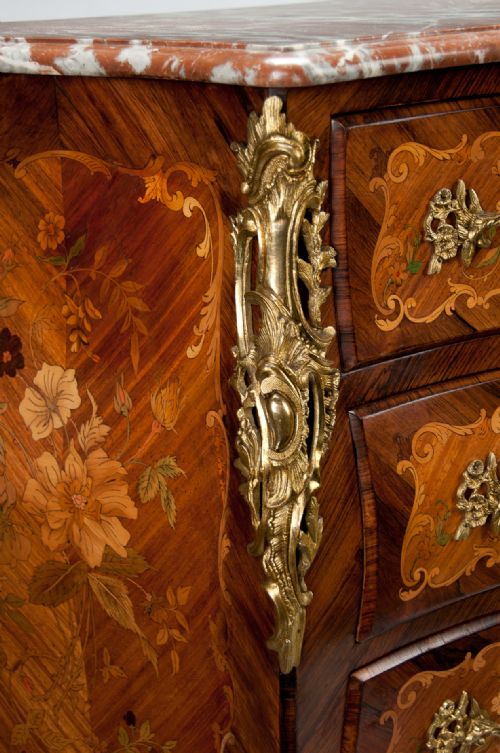 fig 3. Fine French Louis XV Style Inlaid Bombe Marble Topped Commode