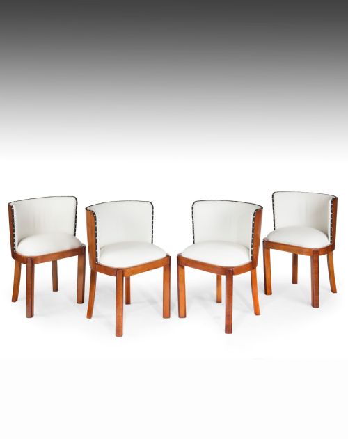 Set of Four Walnut & Leather Art Deco Chairs