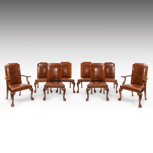 Fine Set of Eight (6+2) Walnut and Leather Upholstered Dining Chairs 
