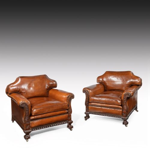fig 1. Large Pair of 19th Century Mahogany Country House Leather Armchairs.