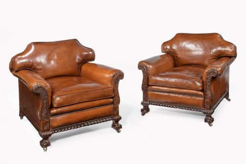 fig 3. Large Pair of 19th Century Mahogany Country House Leather Armchairs.