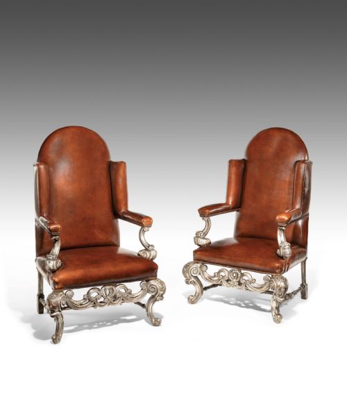 fig 1. Antique Pair of Silver Gilt Leather Upholstered Wing Chairs