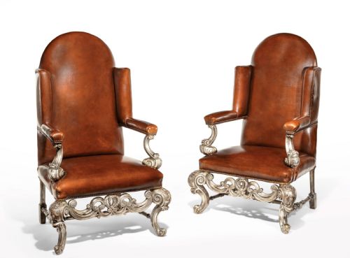fig 2. Antique Pair of Silver Gilt Leather Upholstered Wing Chairs