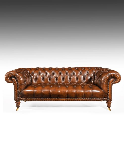 fig 1. 19th Century Gillows Figured Walnut Leather Chesterfield Sofa