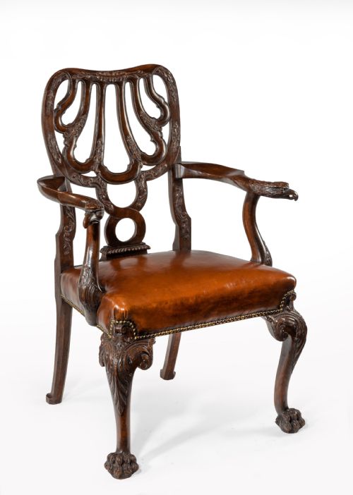 fig 1. Fine Quality 19thC Leather Upholstered Desk Chair After a Design by Giles Grendey.