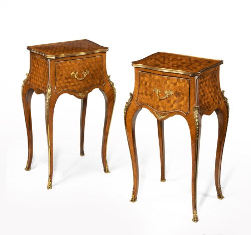 Superb Pair of 19th Century English Gilt Bronze Mounted Kingwood Parquetry Bedside Cabinets
