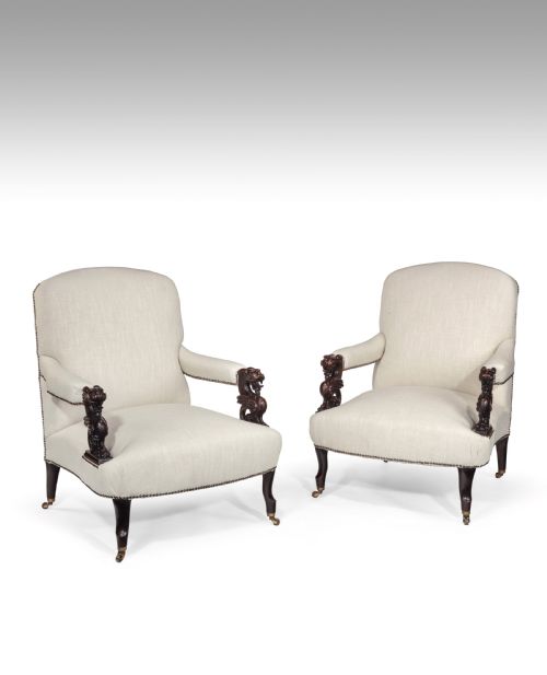 Unusual Pair of 19th Century French Dragons Head Linen Open Armchairs 
