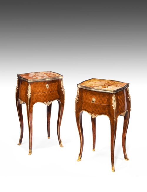 Stamped Gillows a Pair of French Ormolu Mounted Rosewood and Kingwood Parquetry Bedside Tables.
