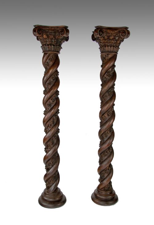 Magnificent Pair of 7ft Victorian Twisted Carved Corinthian Columns.