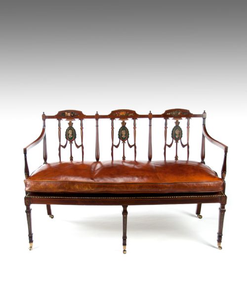 Fine Edwardian Inlaid and Neo Classical Style Painted Leather Settee.