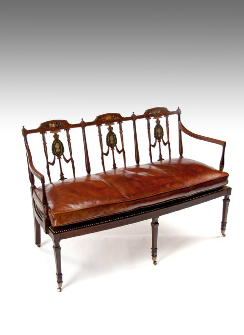 fig 1. Fine Edwardian Inlaid and Neo Classical Style Painted Leather Settee.