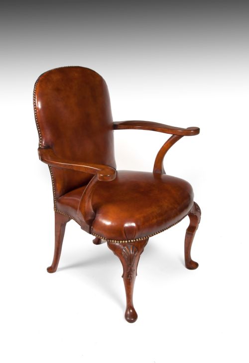 Quality Antique Leather Upholstered Walnut Armchair on Cabriole Legs 
