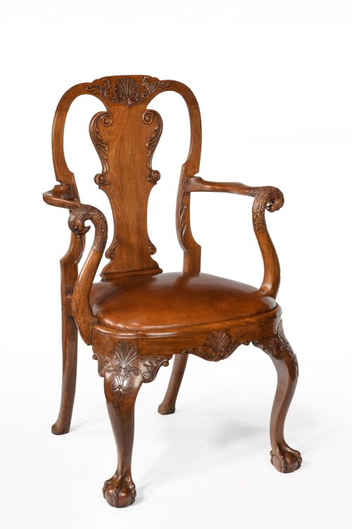 Late 19th Century Finely Carved Eagle Head Walnut and Leather Desk Armchair
