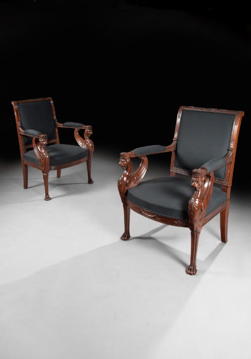 Fine Pair of Empire Period Mahogany Fauteuils - Armchairs
