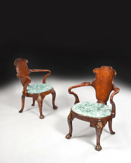 Rare Pair of 19th Century Gillows Walnut and Burr Elm Shepherds Crook Armchairs.
