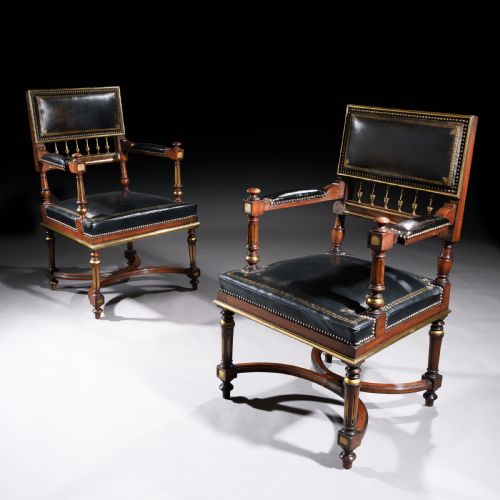 fig 1. A Matched Pair of 19th Century French Brass Mounted and Leather Armchairs