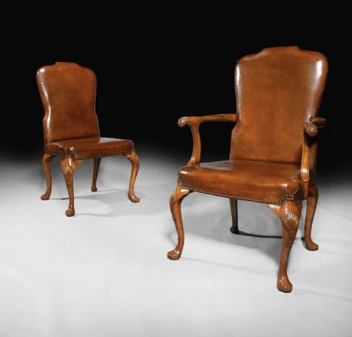 Fine Set of 8 (6 & 2) Generously Sized Antique Walnut & Leather Dining Chairs.
