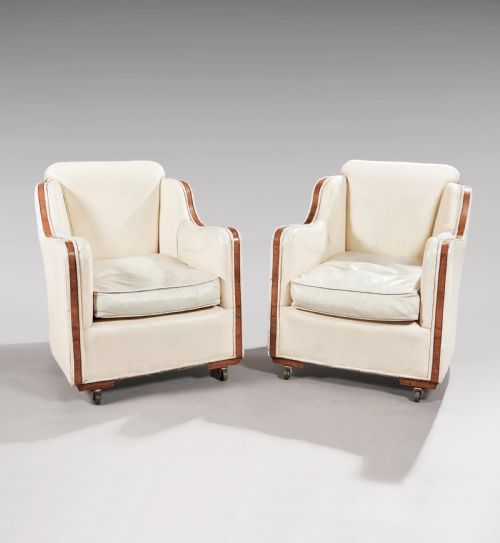 Rare Pair of Original Walnut Epstein Art Deco Leather Armchairs 
