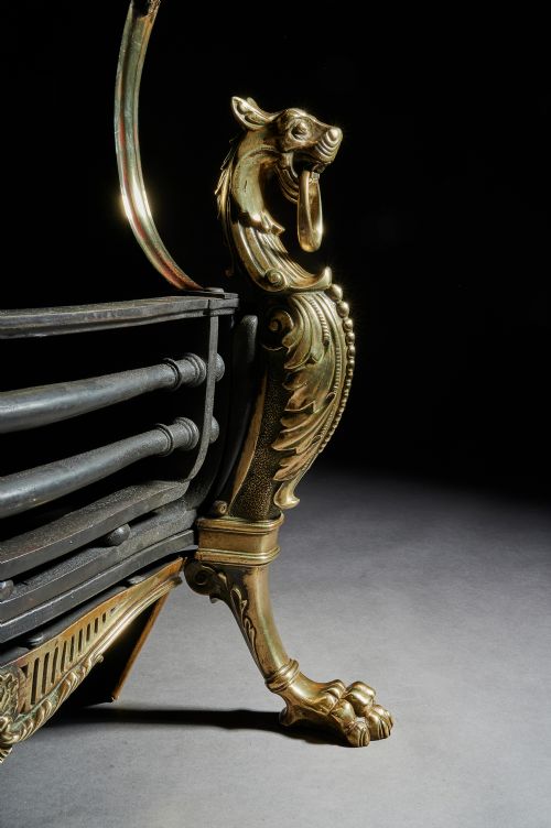 fig 1. 19th Century Brass and Steel Hooded Antique Fireplace Grate, Renaissance Style