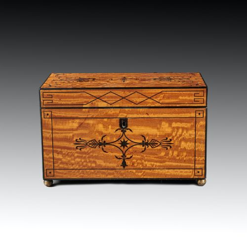 Fine Regency Figured East Indian Satinwood and Ebony Inlaid Tea Caddy