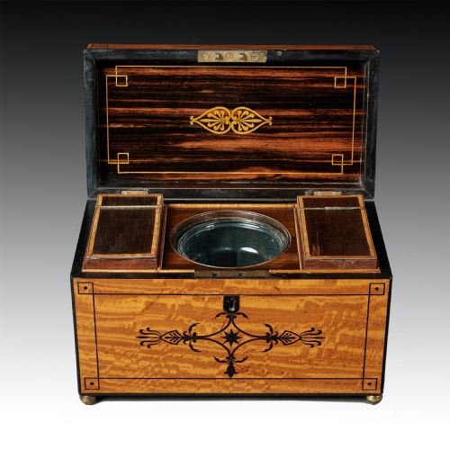 fig 1. Fine Regency Figured East Indian Satinwood and Ebony Inlaid Tea Caddy