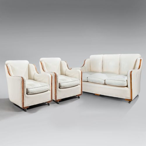 Rare Epstein Art Deco Walnut and Leather Three Piece Suite