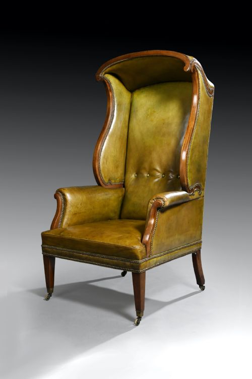 19th Century Mahogany Leather Upholstered Hall Porters Chair 
