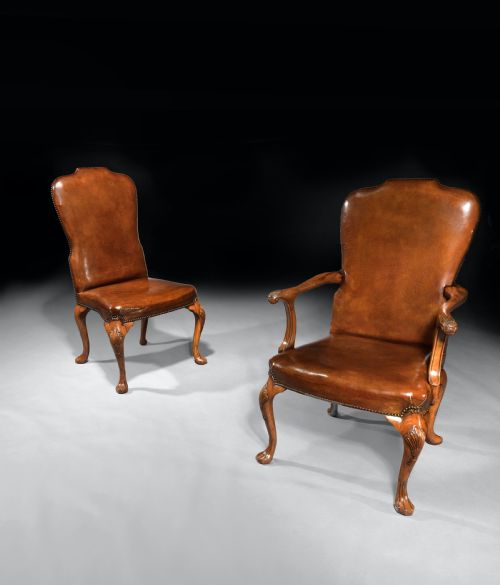 Fine Set of 8 (6 & 2) Generously Sized Antique Walnut & Leather Dining Chairs.
