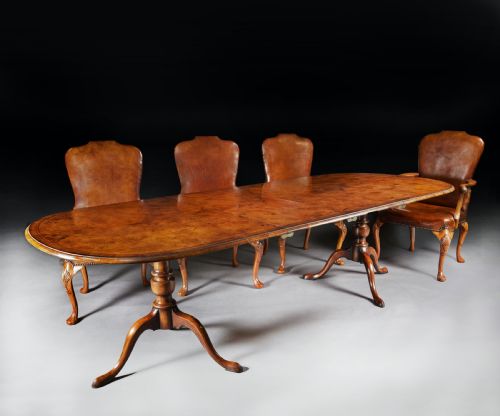 Antique Early 20th Century Walnut Dining Table Set with 8 Leather Chairs 
