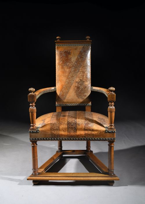 Unusual Spanish Embossed Leather Walnut Open Armchair
