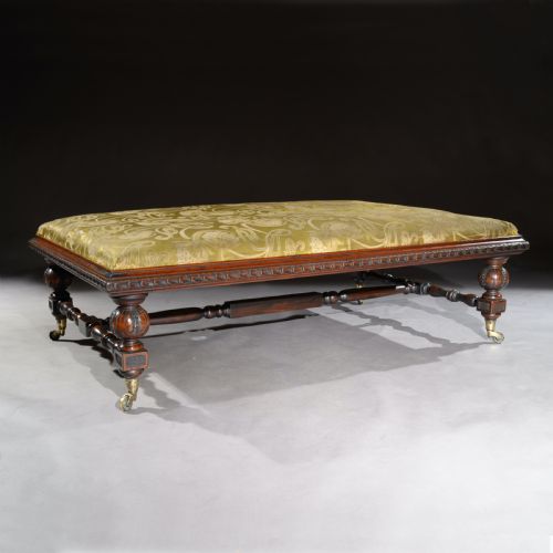 fig 1. Large 19th Century Walnut Upholstered Centre Stool Copes & Collinson Castors