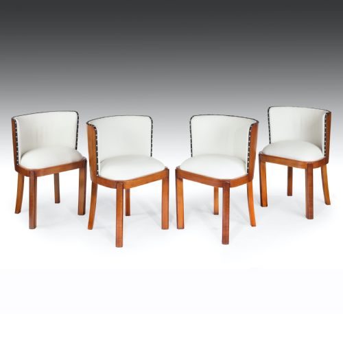 Set of Four Walnut Art Deco White Leather Upholstered Dining Chairs
