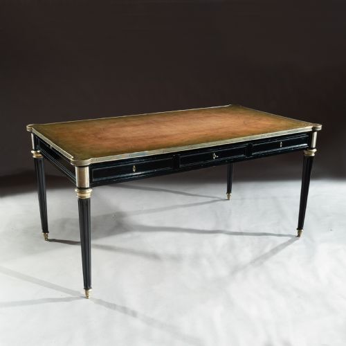 Fine French Ebonised and Brass Mounted Writing Desk with Lobed Corners.

