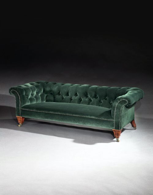 19th Century C Hindley and Sons, London Victorian Chesterfield Sofa Upholstered in a Green Velvet.
