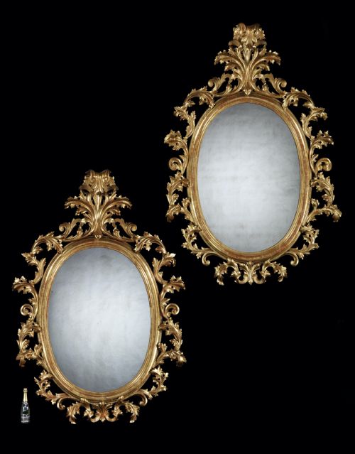 Grand Scale Pair of 19th Century Oval Florentine Carved Gilt Wood Mirrors (7.5ft in Height) 

