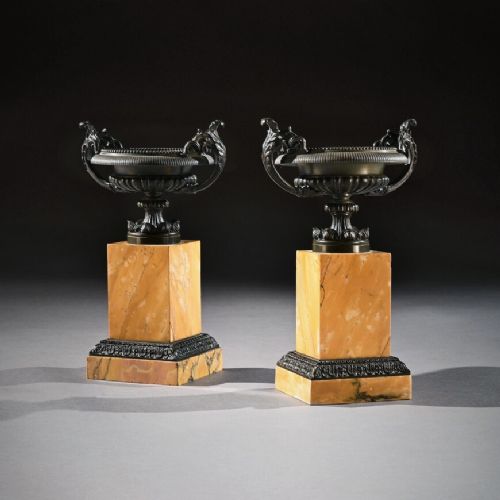 Pair of Early 19th C Grand Tour Bronze and Sienna Marble Tazzas