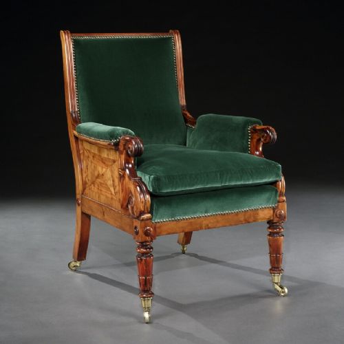 Rare Late Regency Yew Wood Library Bergere Armchair