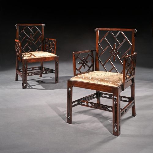 Pair of George III Mahogany Chinoiserie Cockpen Armchairs After Ince & Mayhew.