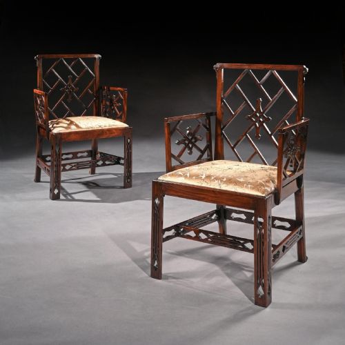 fig 1. Pair Of George III Mahogany Chinoiserie Cockpen Armchairs After Ince & Mayhew.