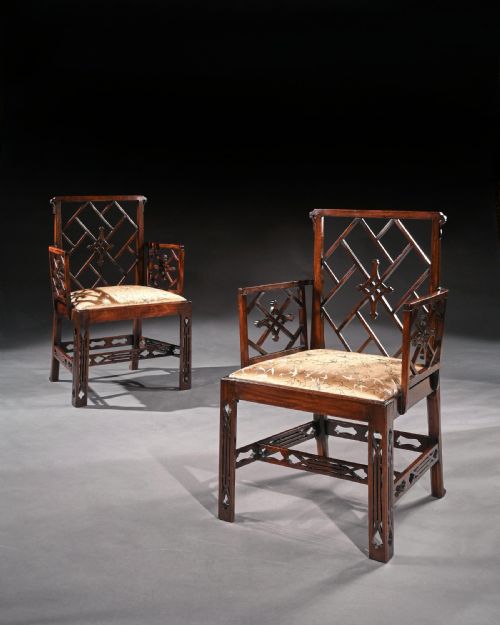 fig 2. Pair Of George III Mahogany Chinoiserie Cockpen Armchairs After Ince & Mayhew.