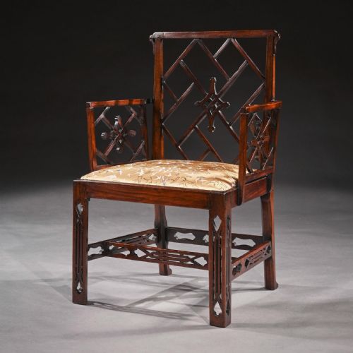 fig 4. Pair Of George III Mahogany Chinoiserie Cockpen Armchairs After Ince & Mayhew.