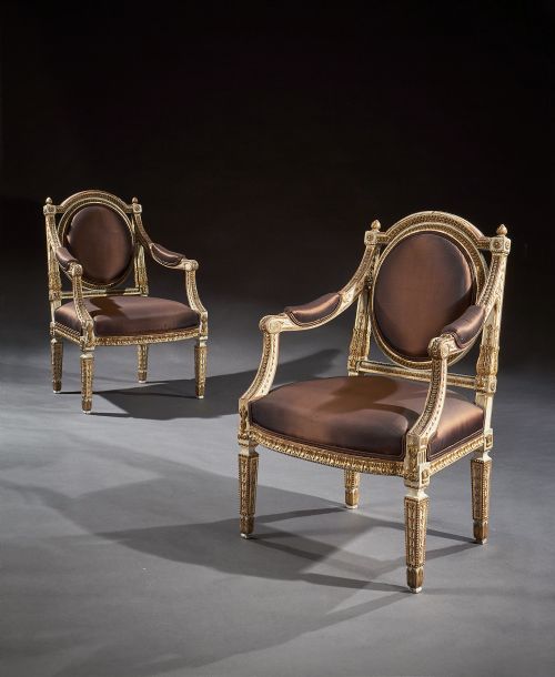 Fine Pair of 19th C Decorative Italian Painted and Parcel Gilt Armchairs of Neo-classical Design