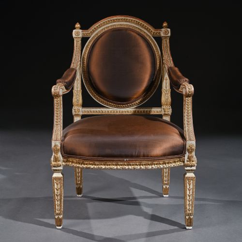 fig 1. Fine Pair Of 19th C Decorative Italian Painted And Parcel Gilt Armchairs Of Neo-Classical Design