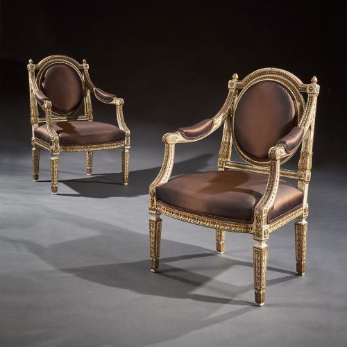 fig 2. Fine Pair Of 19th C Decorative Italian Painted And Parcel Gilt Armchairs Of Neo-Classical Design