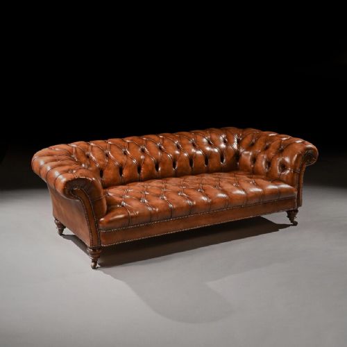 Fine 19th Century Victorian Walnut Leather Upholstered Chesterfield Sofa