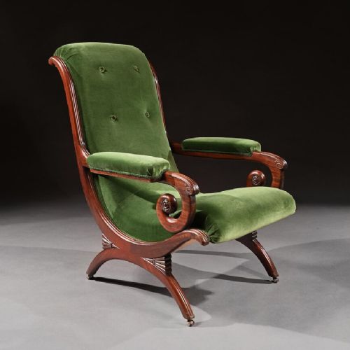 Gillows Regency Mahogany and Green Velvet Spanish Armchair.